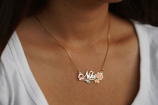 22K Gold plated Enamel name necklace with Rose