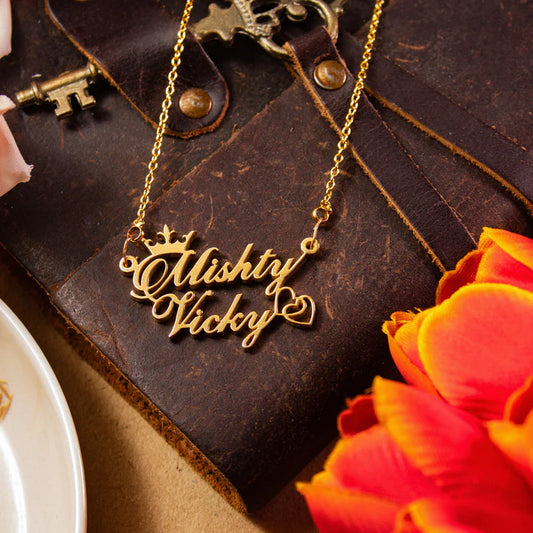 24K Gold Plated Crown Style Couple Name Necklace with double heart