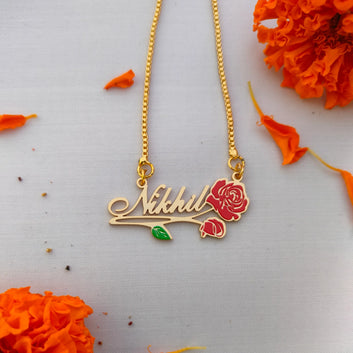 22K Gold plated Enamel name necklace with Rose