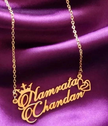 24K Gold Plated Crown Style Couple Name Necklace with double heart