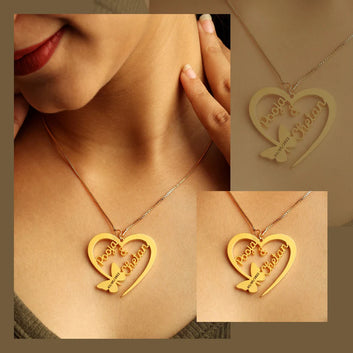 24K Gold Plated Heart & Butterfly Couple Name Necklace