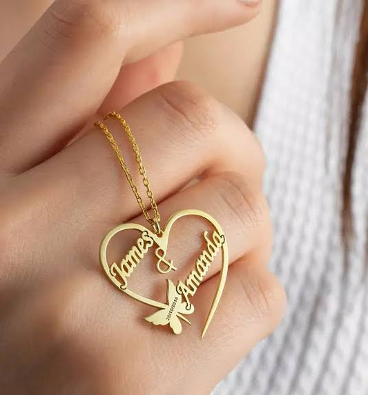 24K Gold Plated Heart & Butterfly Couple Name Necklace