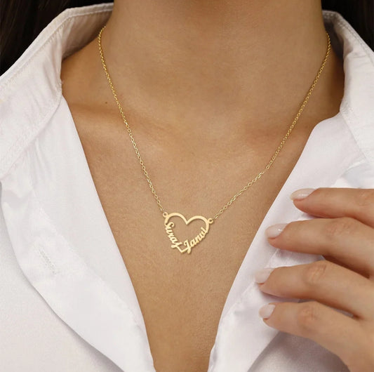 24K Gold Plated Couple Name Necklace With Heart