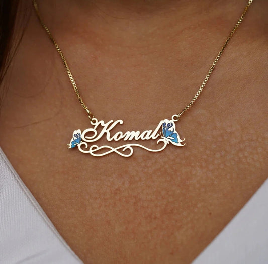 24K Gold plated Enamel name necklace with butterfly