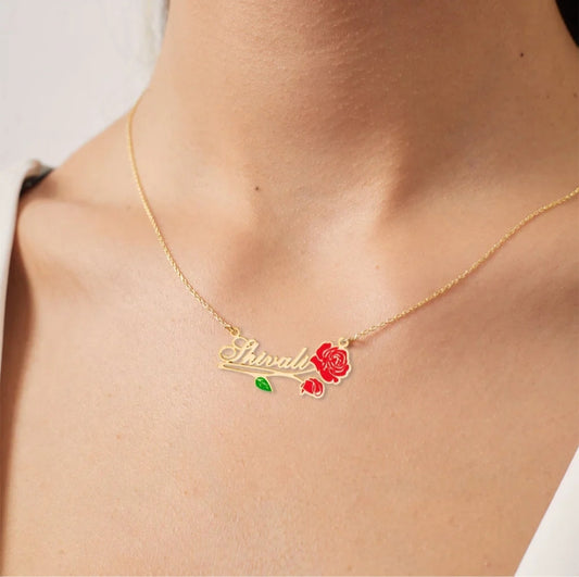 24K Gold Plated Enamel Name Necklace with Rose