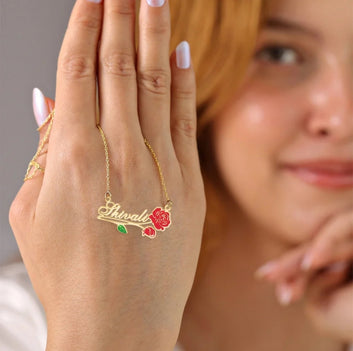 24K Gold Plated Enamel Name Necklace with Rose